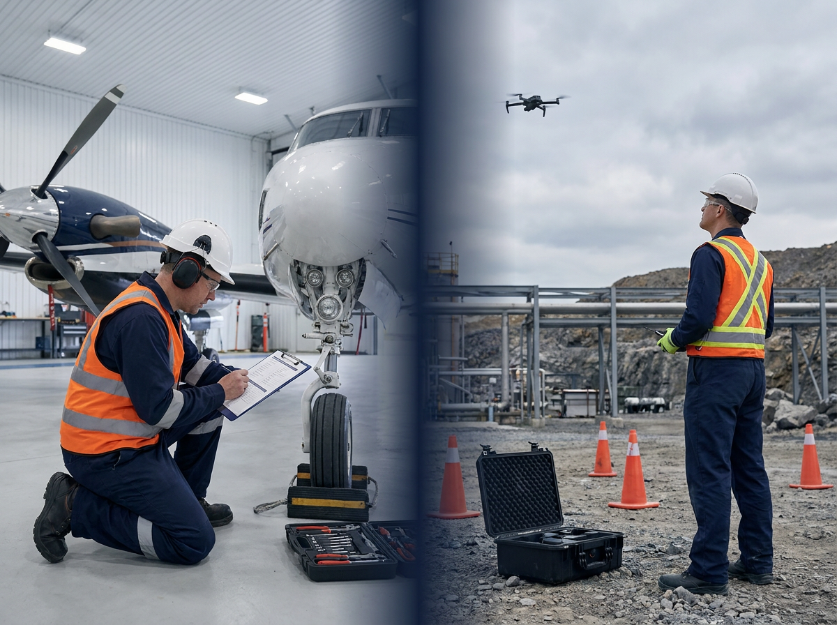 Manned aircraft maintenance and safely distanced civilian drone operations in a technical support composition